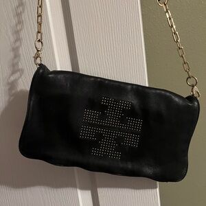 Tory Burch Black Leather Clutch with Gold Chain